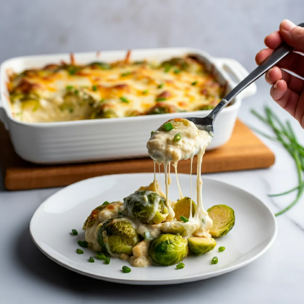 Keto Creamed Brussels Sprouts A hand holding a spoon scooping creamy, cheesy Keto Creamed Brussels Sprouts, with a plate and casserole dish in the background.