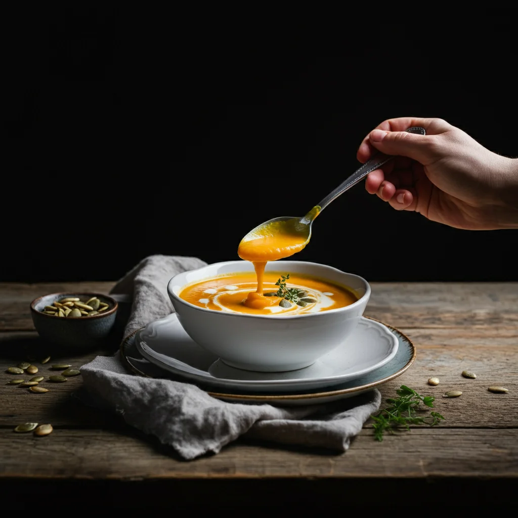 Pumpkin Soup Hand holding a spoon dipping into creamy pumpkin soup with a yoghurt swirl, served on a ceramic plate with fall decor.