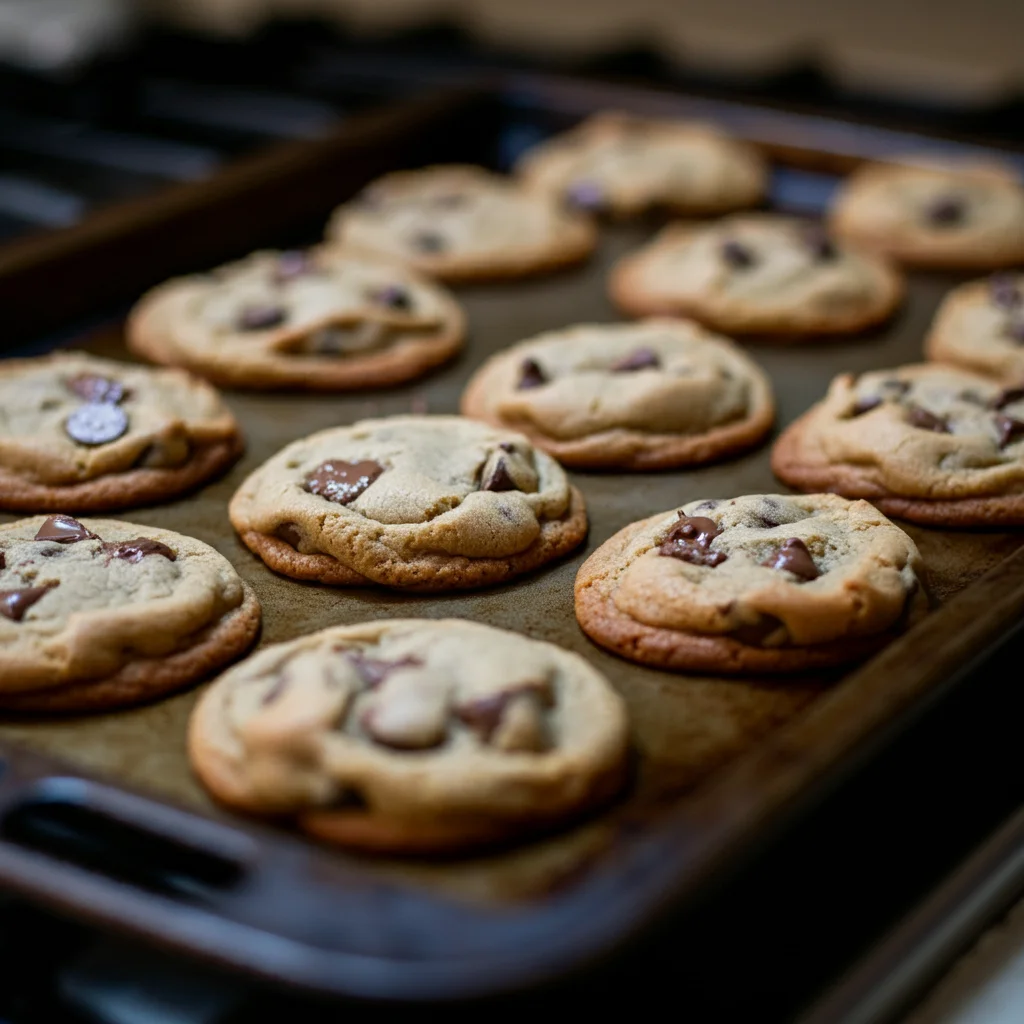 4-Ingredient Almond Joy Cookies Overhead shot of Almond Joy Cookies cooling on a baking sheet, with focus on texture and melted chocolate.