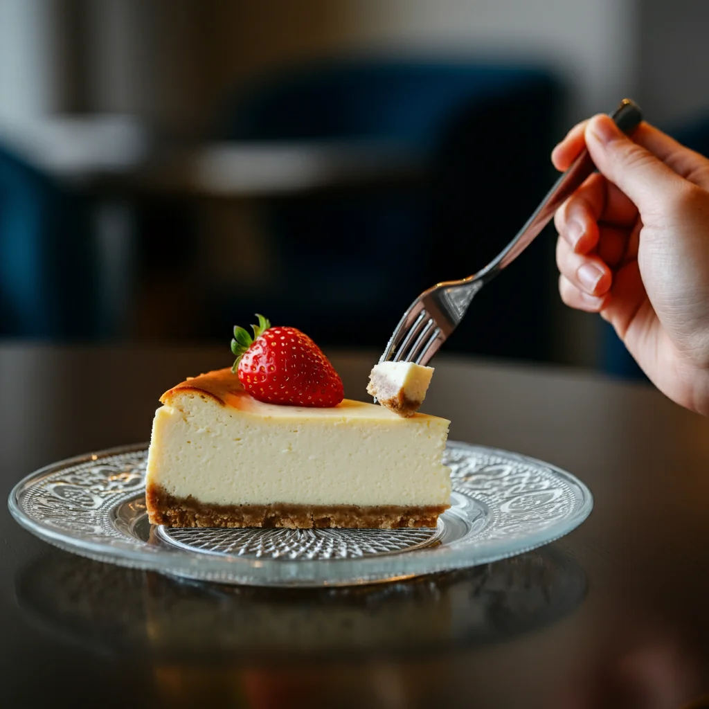 Zero Point Cheesecake Elegant slice of zero-point cheesecake on a glass plate with a hand holding a fork above it, styled with a strawberry garnish on a softly blurred backdrop.