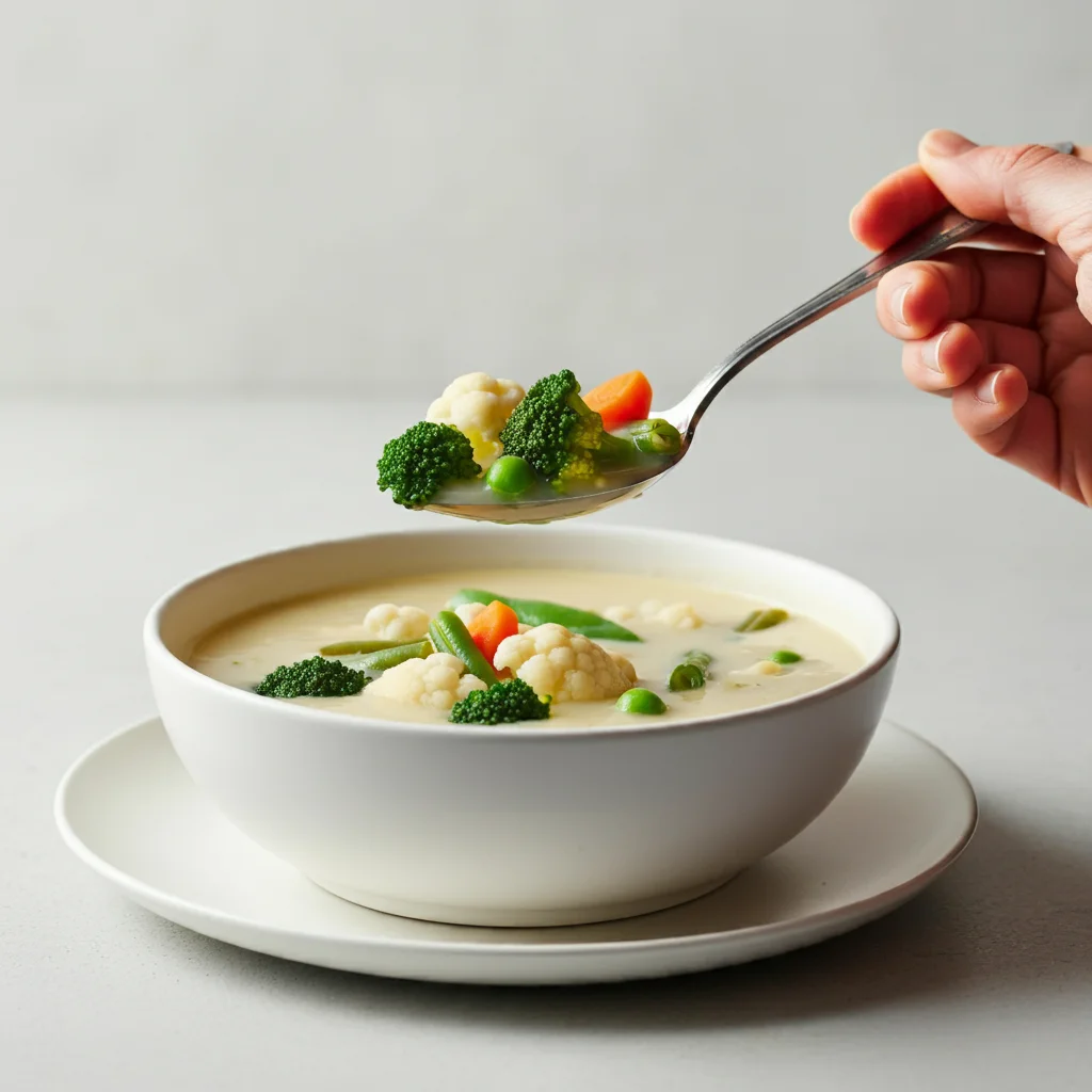 Zero Point Weight Watchers Cauliflower Soup Hand holding a spoonful of WW Cauliflower Soup over a white bowl, showing broccoli, green beans, and carrots in creamy broth on a white plate.