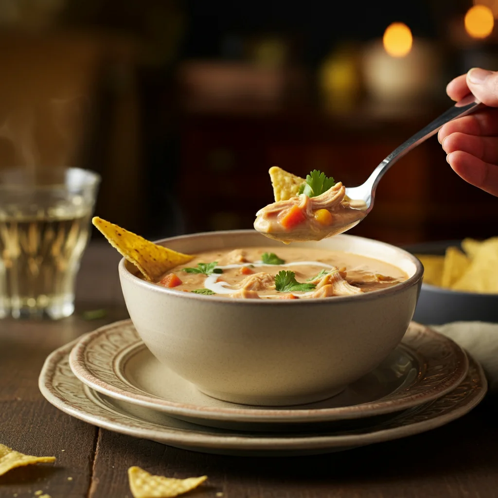 0-Point Creamy Chicken Tortilla Soup Hand holding a spoonful of creamy WW Chicken Tortilla Soup with shredded chicken and tortilla chips in a cozy, classic setting.