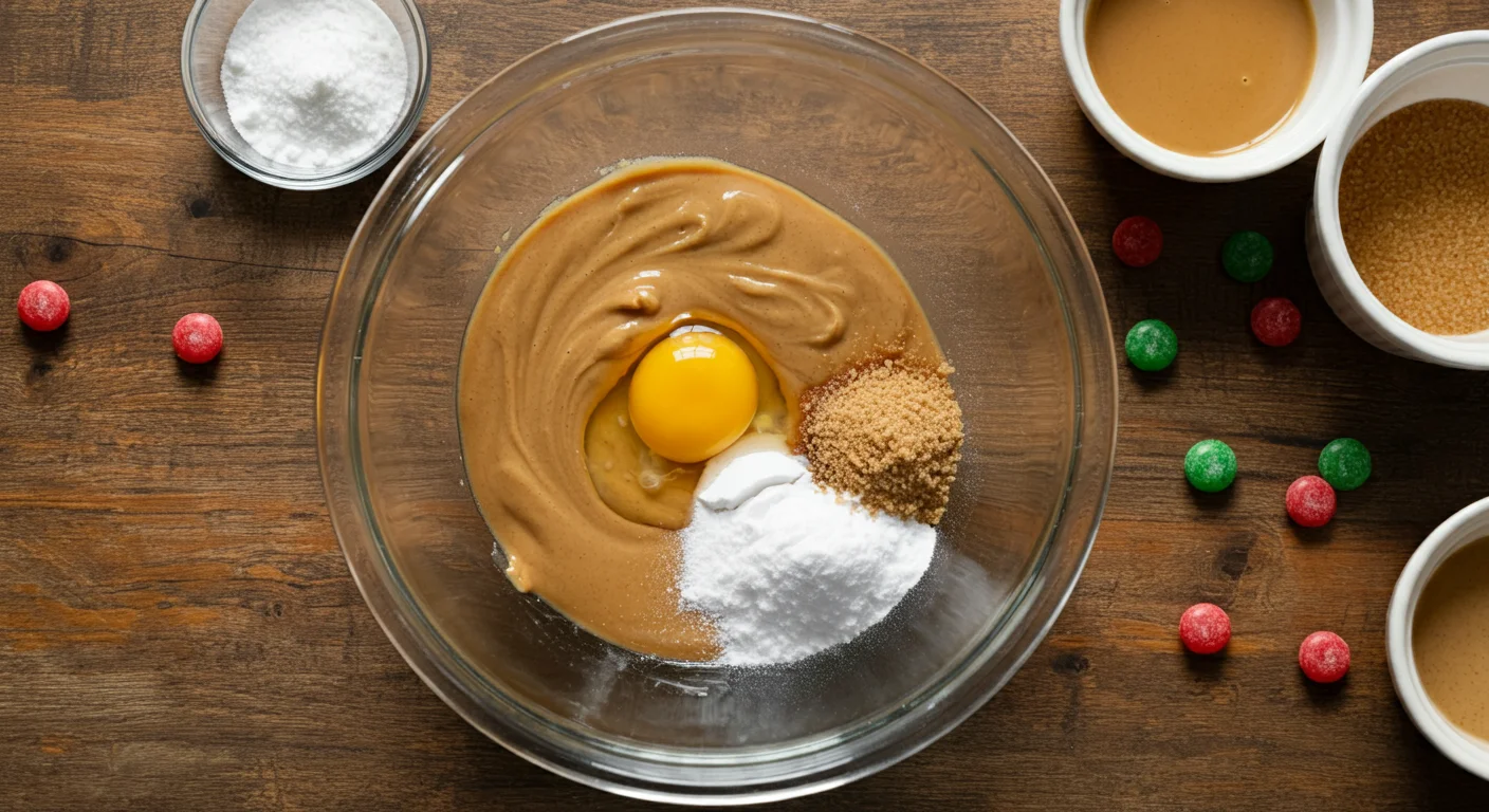 Keto Christmas Cookies Glass bowl with cashew butter, egg, allulose, and baking soda, surrounded by candy buttons and small bowls on a wooden counter.