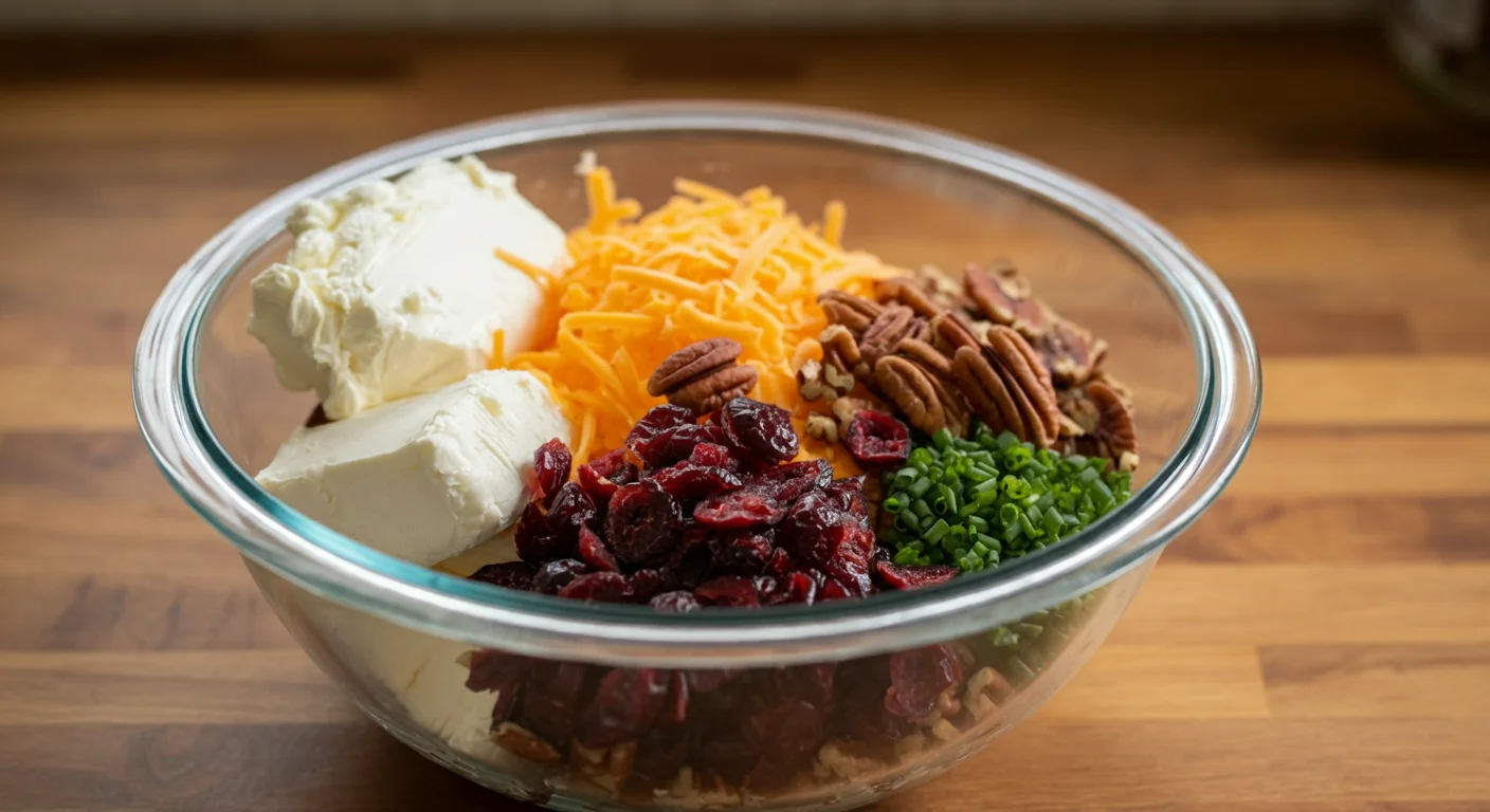 Keto Cheese Ball Glass bowl with cream cheese, shredded cheddar, pecans, cranberries, and chives on a wooden counter.