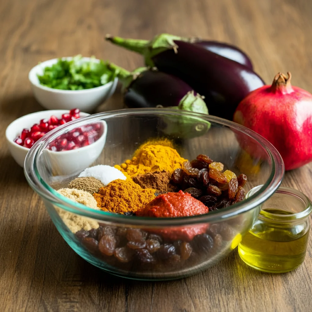 WW Middle Eastern Eggplant Middle Eastern eggplant recipe ingredients in a glass bowl with spices, harissa, raisins, and small bowls of pomegranate seeds and coriander.