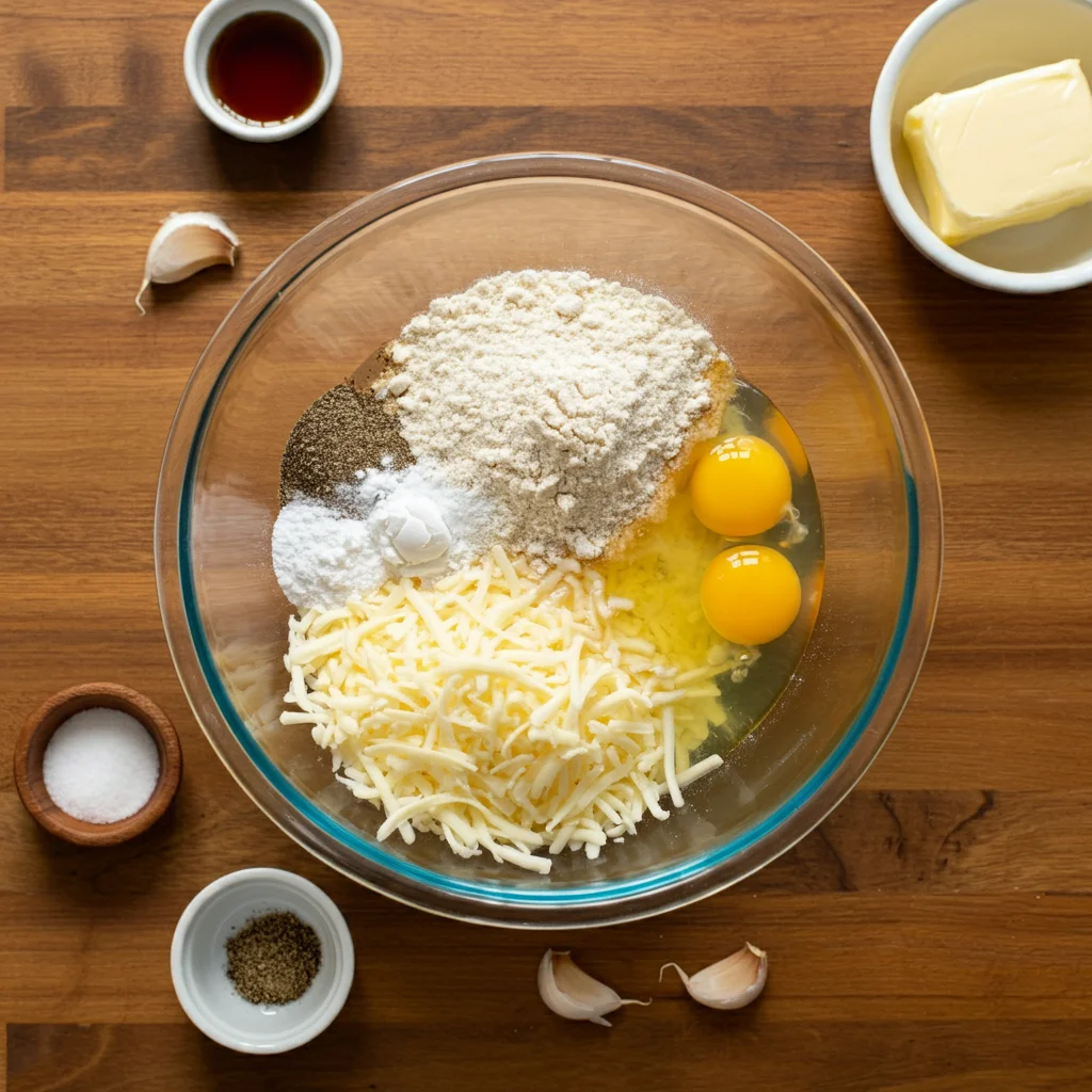 Keto Garlic and Rosemary Dinner Rolls Ingredients for keto garlic and rosemary dinner rolls in a glass bowl, with small bowls of mozzarella, almond flour, eggs, and rosemary on a wooden countertop.