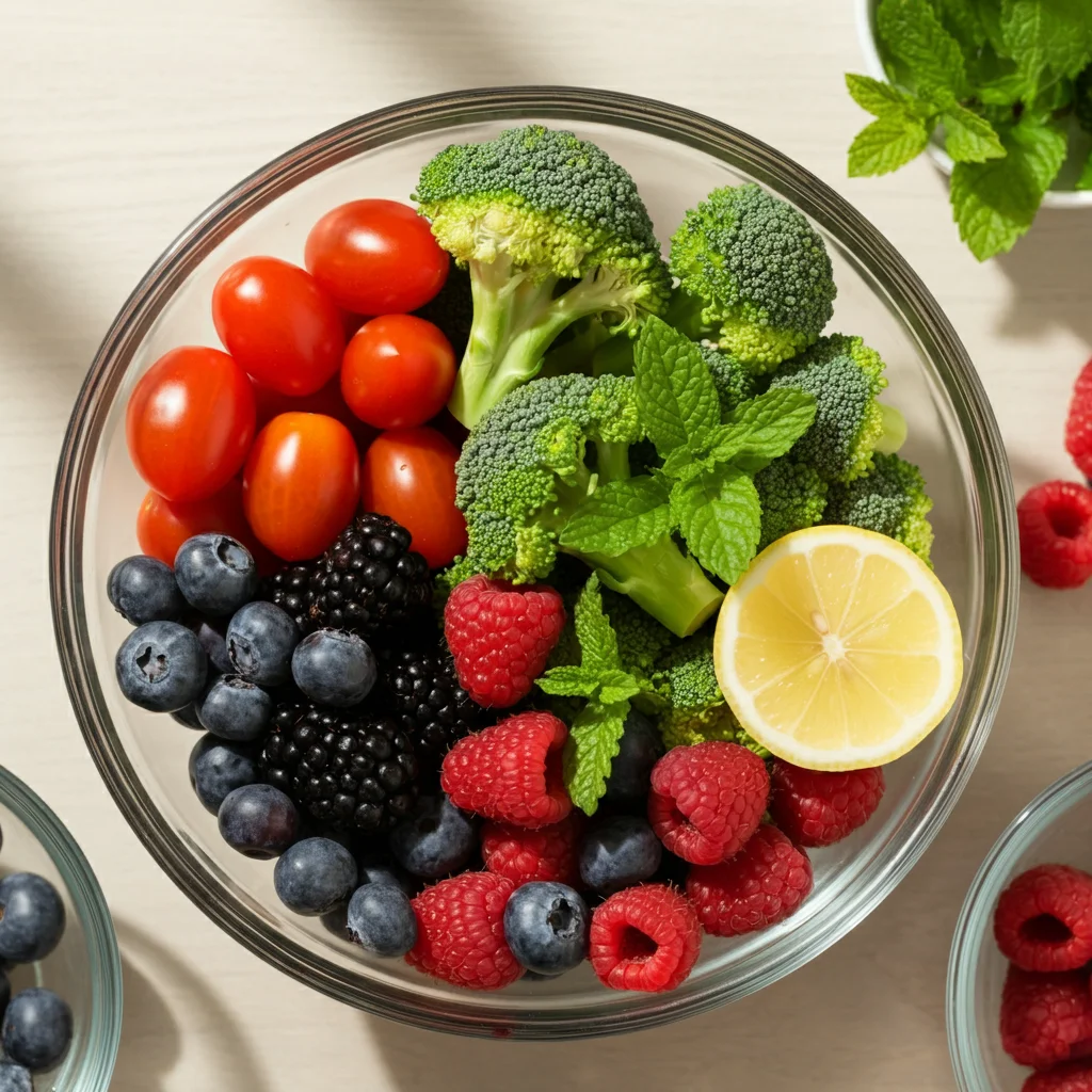 Keto Fruit Christmas Tree Glass bowl with broccoli, cherry tomatoes, blueberries, raspberries, lemon slices, and mint leaves on a wooden surface, surrounded by small bowls of ingredients.