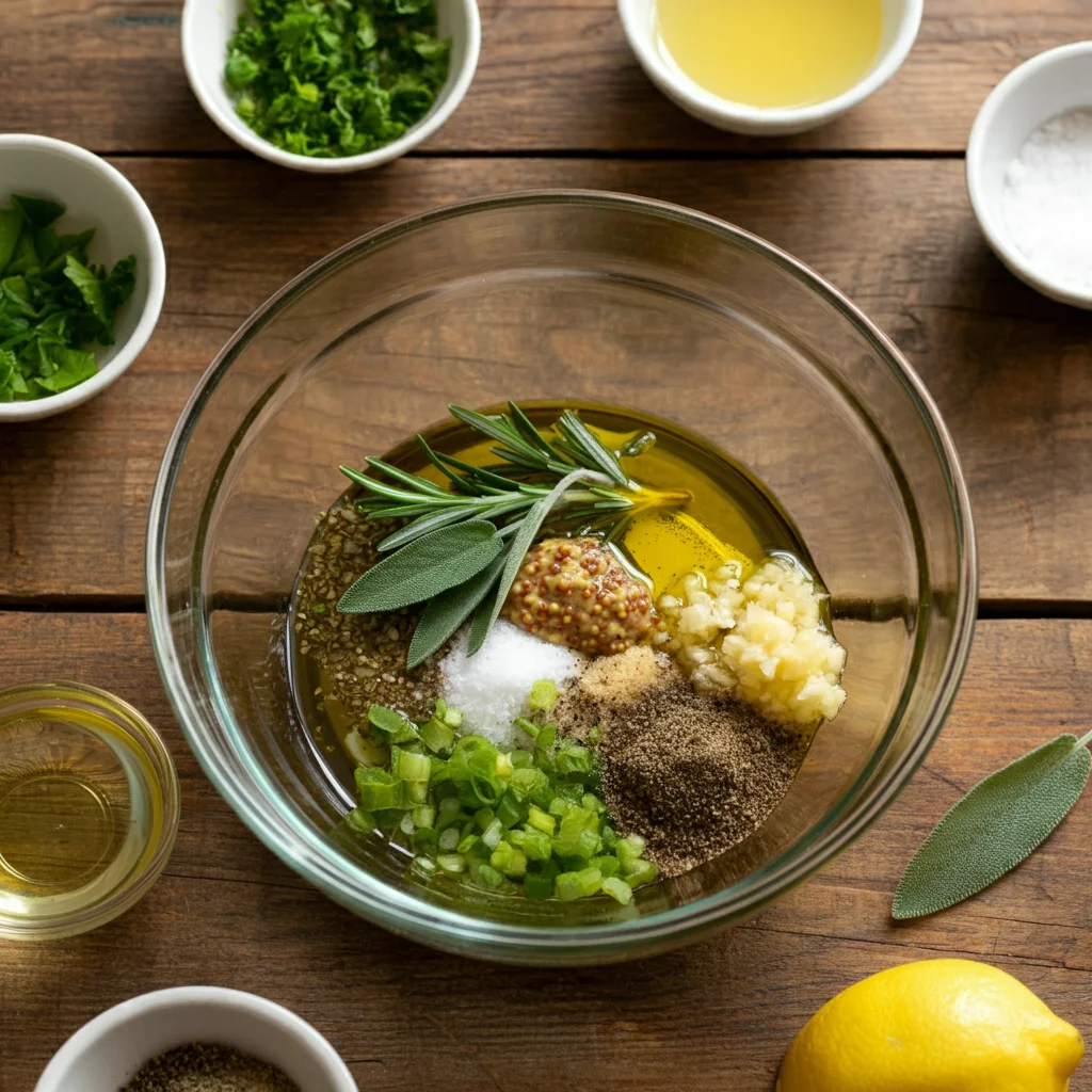 Herb Roasted Turkey Breast Glass bowl with chopped herbs, garlic, and seasonings on a rustic table with small bowls of fresh herbs and white wine.