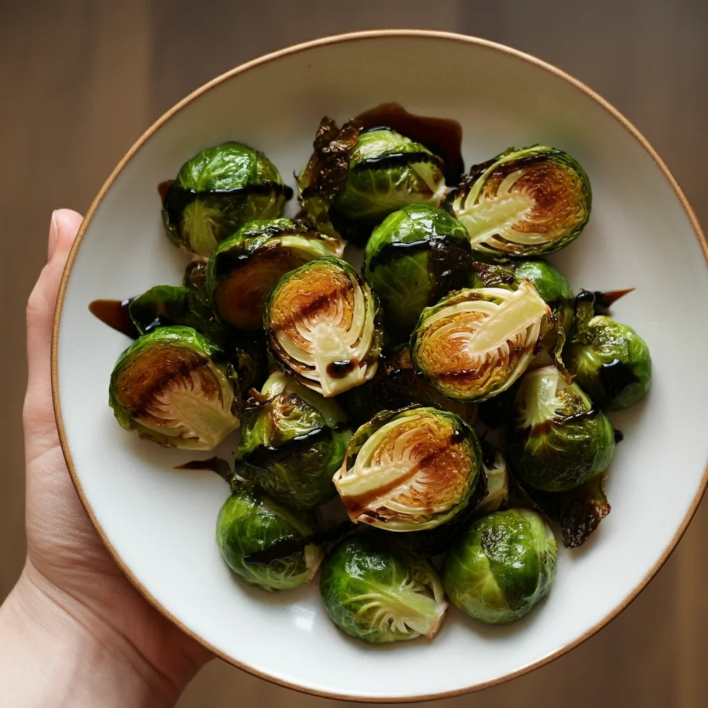 Roasted Brussels Sprouts with Balsamic Glaze Roasted Brussels sprouts with balsamic glaze on a white plate, captured casually with warm kitchen lighting.