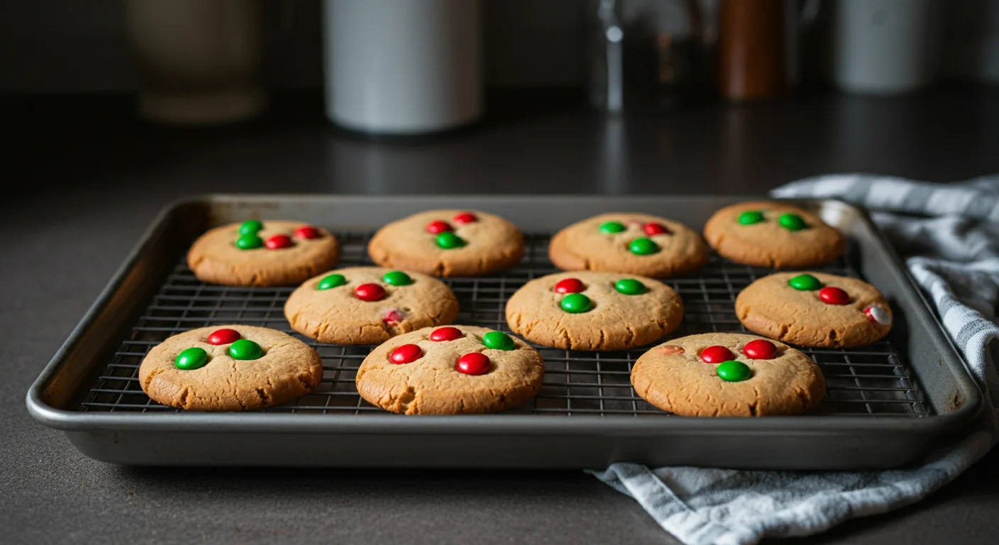 Keto Christmas Cookies Freshly baked Keto Christmas Cookies with red and green candy buttons on a wire rack in a cozy kitchen setting.