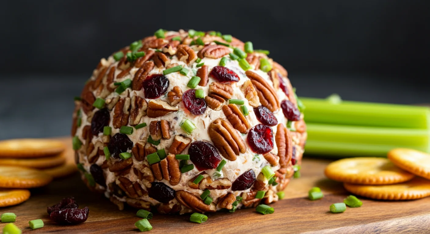 Keto Cheese Ball Keto cheese ball with pecans, cranberries, and chives on a cutting board with crackers and celery.