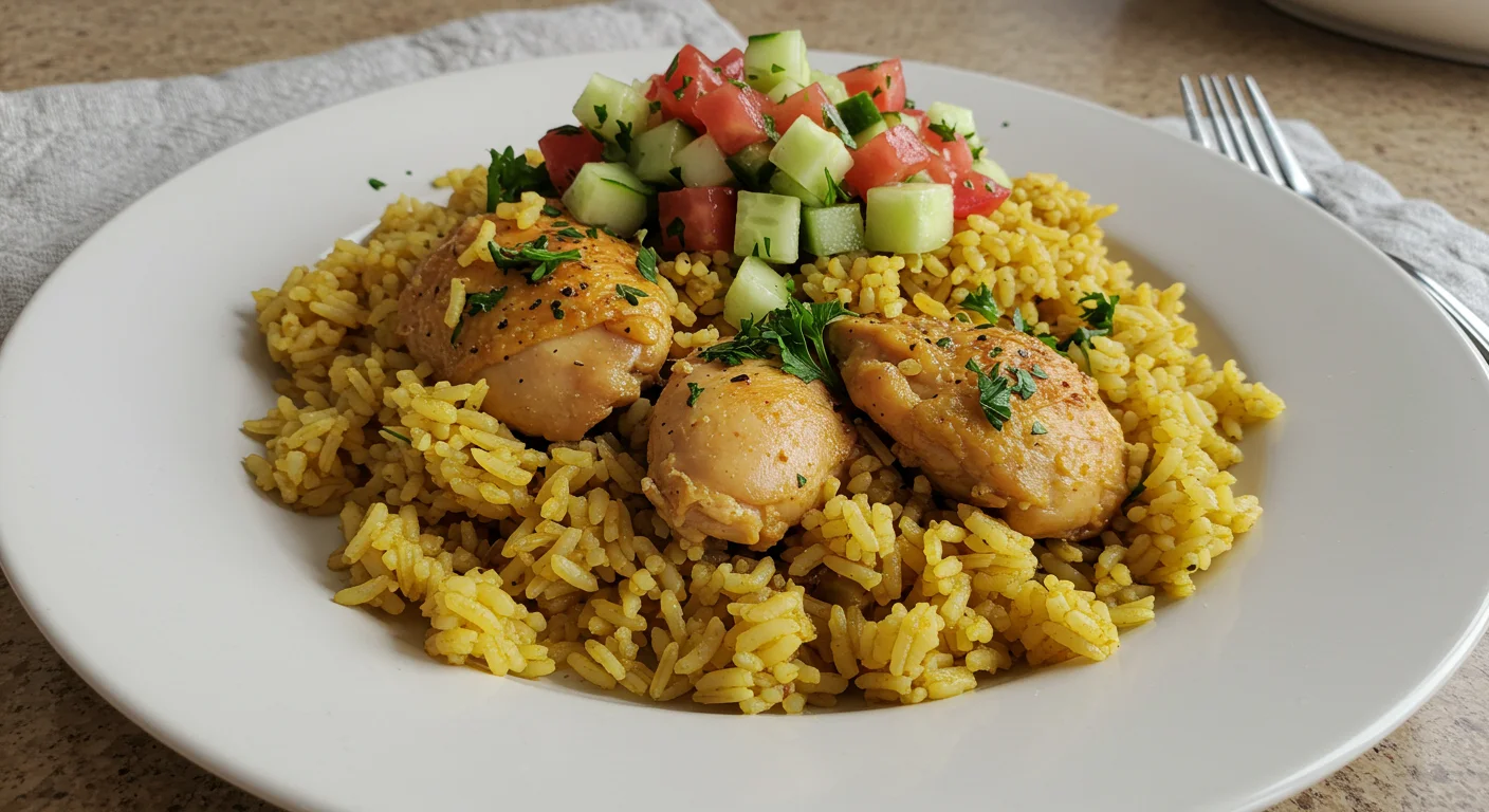 WW One-pot coriander chicken and rice Overhead view of one-pot coriander chicken and rice topped with cucumber-tomato salad, on a white plate with a fork and napkin beside it.