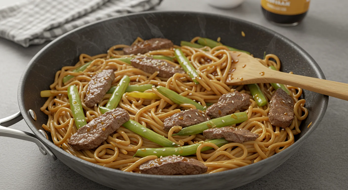 WW Teriyaki noodle beef stir-fry WW Teriyaki Noodle Beef Stir-Fry in a frying pan with noodles, beef, and green beans in glossy teriyaki sauce, captured casually with natural lighting.