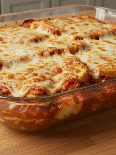 WW Chicken Parmesan Casserole Freshly baked Chicken Parmesan Casserole in a glass dish with crispy breadcrumbs and melted cheese on a wooden table.