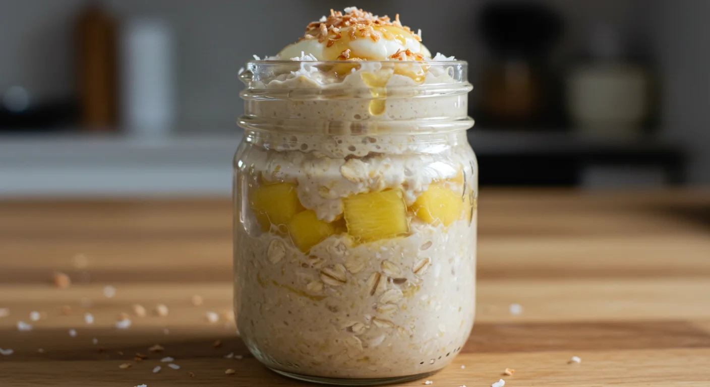 WW Coconut Lime Oats WW Coconut and Lime Overnight Oats in a jar topped with lime, honey, and coconut flakes, shot with a mobile camera on a cozy kitchen counter.