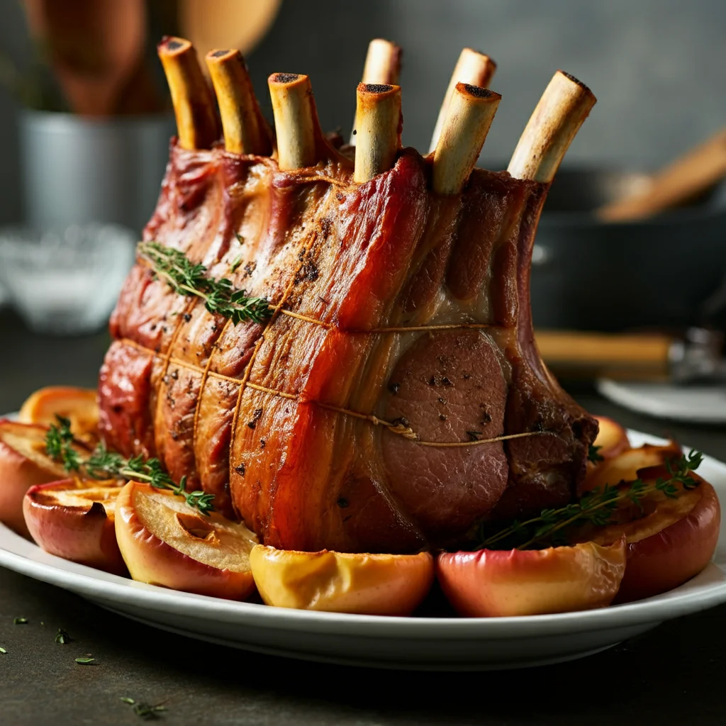 Keto Smoked Pork Crown Roast Close-up of a smoked pork crown roast with caramelized edges, herb crust, and roasted apples on a white plate.