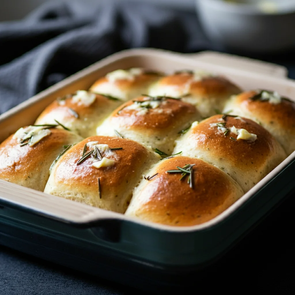 Keto Garlic and Rosemary Dinner Rolls Golden keto garlic and rosemary dinner rolls in a ceramic dish, brushed with garlic butter and sprinkled with rosemary, shot at an angle on a kitchen counter.