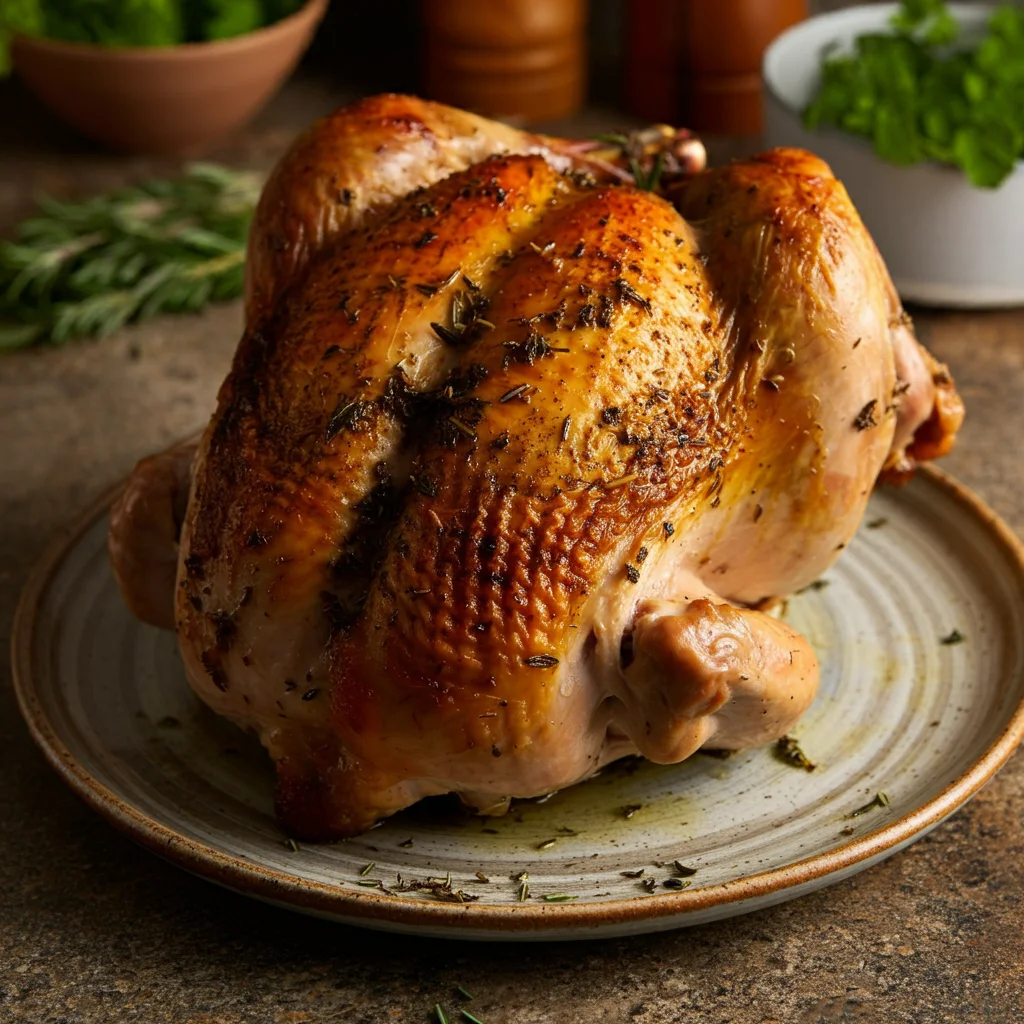 Herb Roasted Turkey Breast Close-up side view of crispy Herb Roasted Turkey Breast on a plate with scattered fresh herbs.