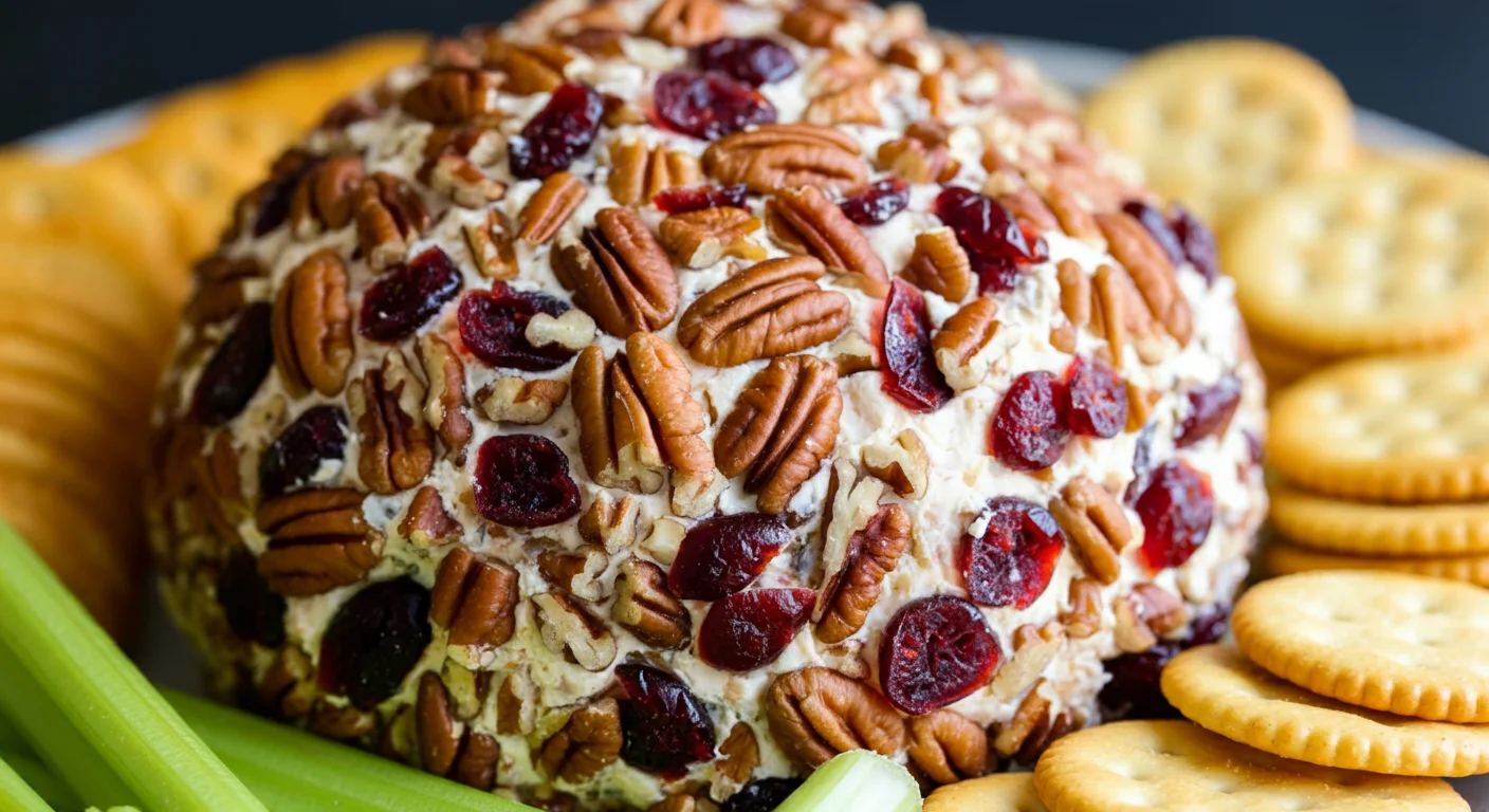 Keto Cheese Ball Close-up of a keto cheese ball showing textures of pecans, cranberries, and chives with crackers nearby.