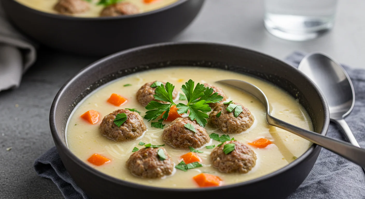 keto Meatball Soup Handheld photo of creamy keto meatball soup in a dark bowl, garnished with parsley and Parmesan on a blue napkin.