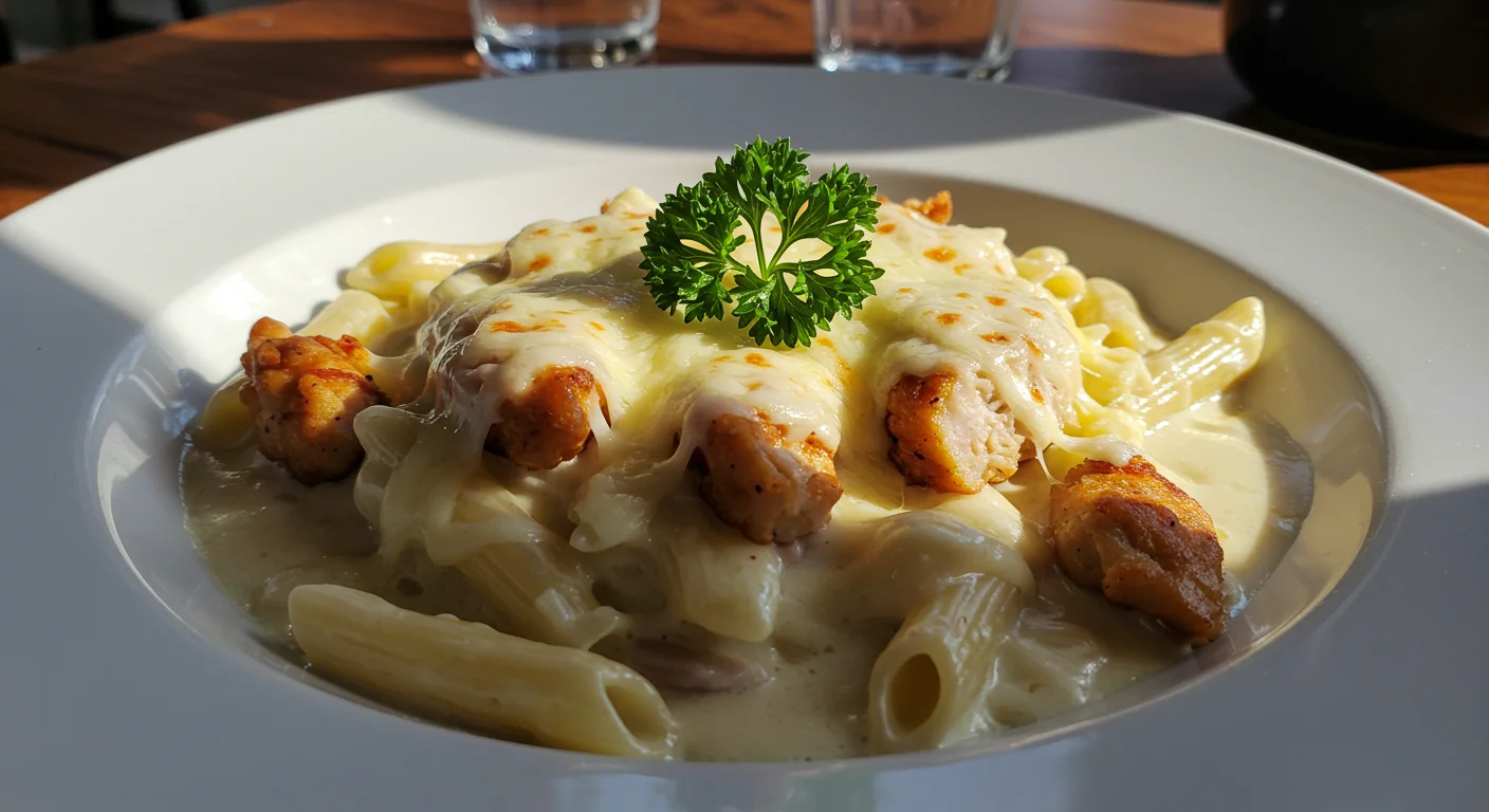 WW Chicken Alfredo Close-up of creamy WW Chicken Alfredo with chicken chunks and parsley, taken at a tilted angle on a wooden table.