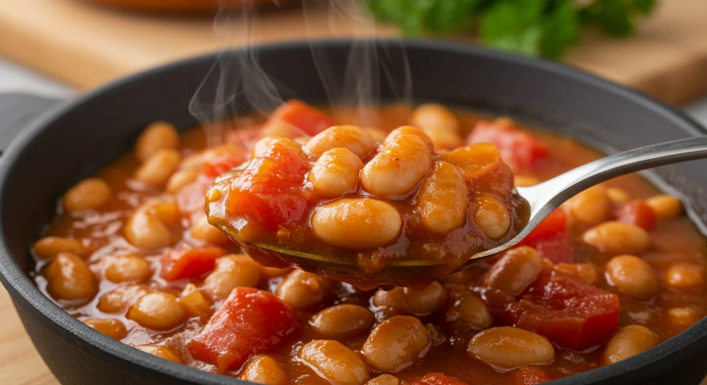 WW Spicy Goulash with Beans Overhead close-up of WW Spicy Goulash with Bean Stew, showcasing vibrant colors and rich tomato sauce.