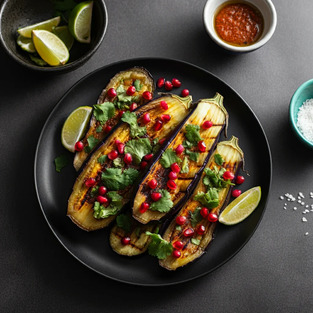 WW Middle Eastern Eggplant Top-down view of grilled eggplant slices with pomegranate seeds and coriander on a black plate, surrounded by small ingredient bowls on a wooden table.