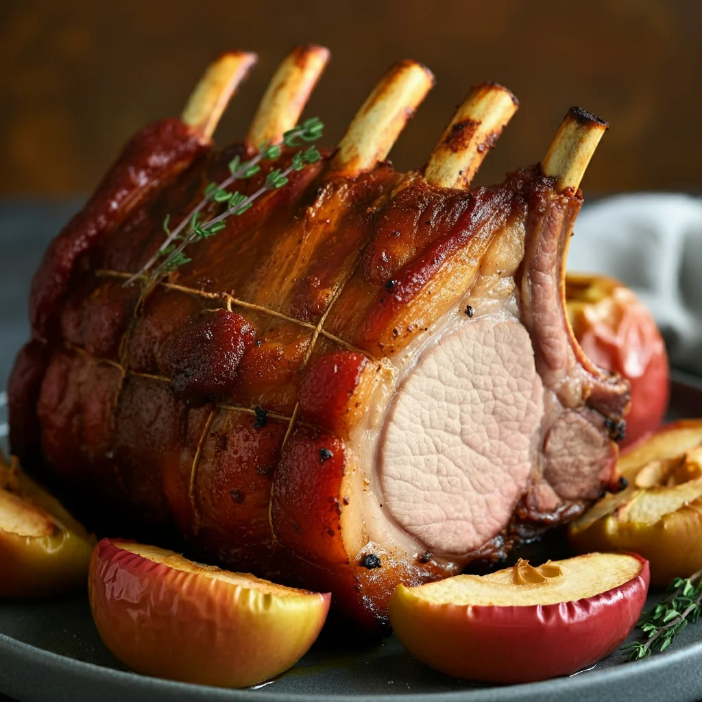 Keto Smoked Pork Crown Roast Handheld photo of a smoked pork crown roast on a white plate with thyme and roasted apples, taken on a wooden table.