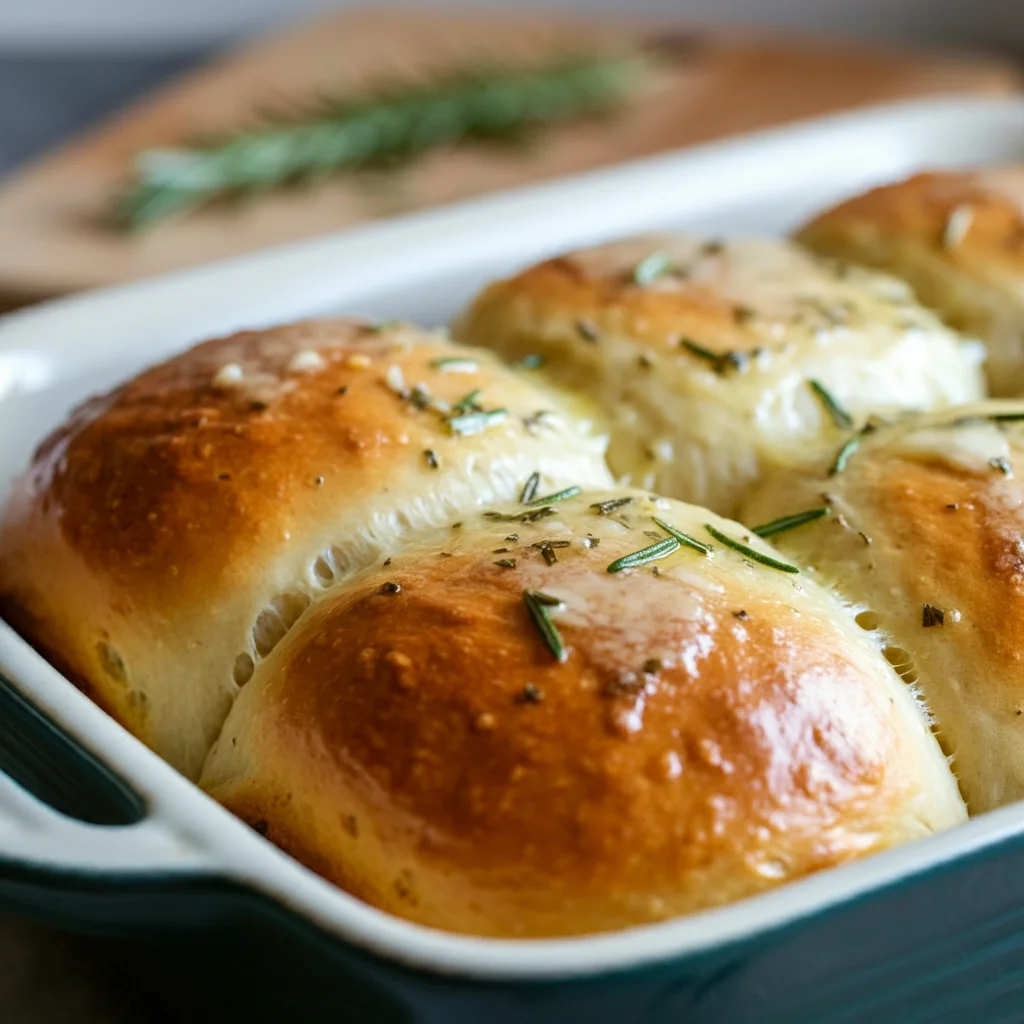 Keto Garlic and Rosemary Dinner Rolls Close-up of fluffy keto garlic and rosemary dinner rolls in a ceramic dish, glistening with butter and topped with fresh rosemary on a rustic counter.