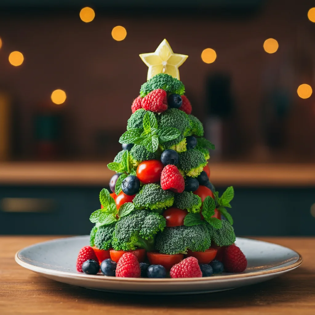 Keto Fruit Christmas Tree Side view of Keto Fruit Christmas Tree on a white plate, featuring berries, greens, and a lemon star, with a blurred festive kitchen background.