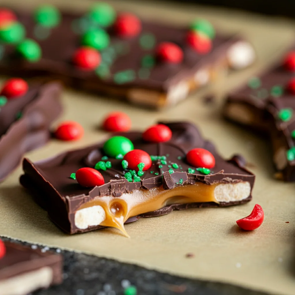 Keto Christmas Cracker Candy Close-up of Keto Christmas Cracker Candy with chocolate, caramel, and red and green toppings on parchment paper.