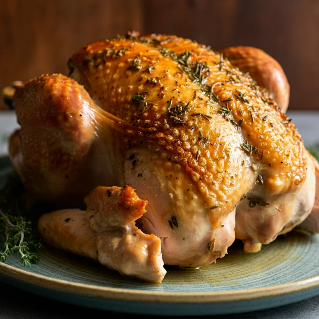 Herb Roasted Turkey Breast Golden Herb Roasted Turkey Breast on a ceramic plate, taken from above with fresh herbs nearby.