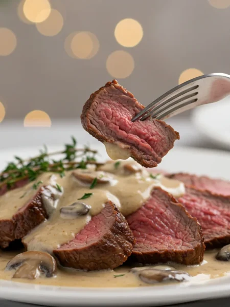 keto Beef Tenderloin and Mushroom Sauce Close-up of keto Beef Tenderloin and Mushroom Sauce on a white plate, with a fork lifting a slice, garnished with thyme, in a classy dining setting.