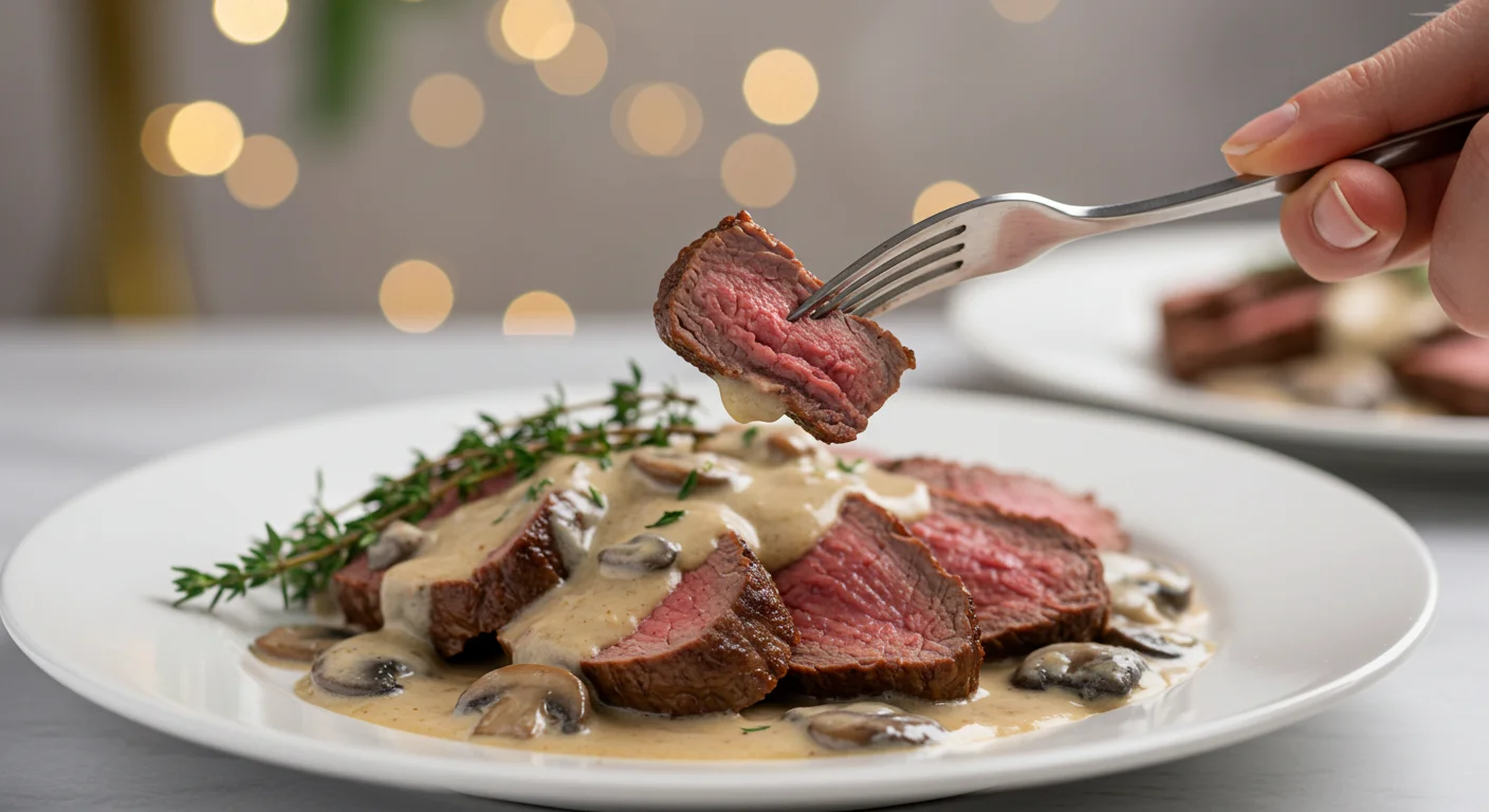 keto Beef Tenderloin and Mushroom Sauce Close-up of keto Beef Tenderloin and Mushroom Sauce on a white plate, with a fork lifting a slice, garnished with thyme, in a classy dining setting.