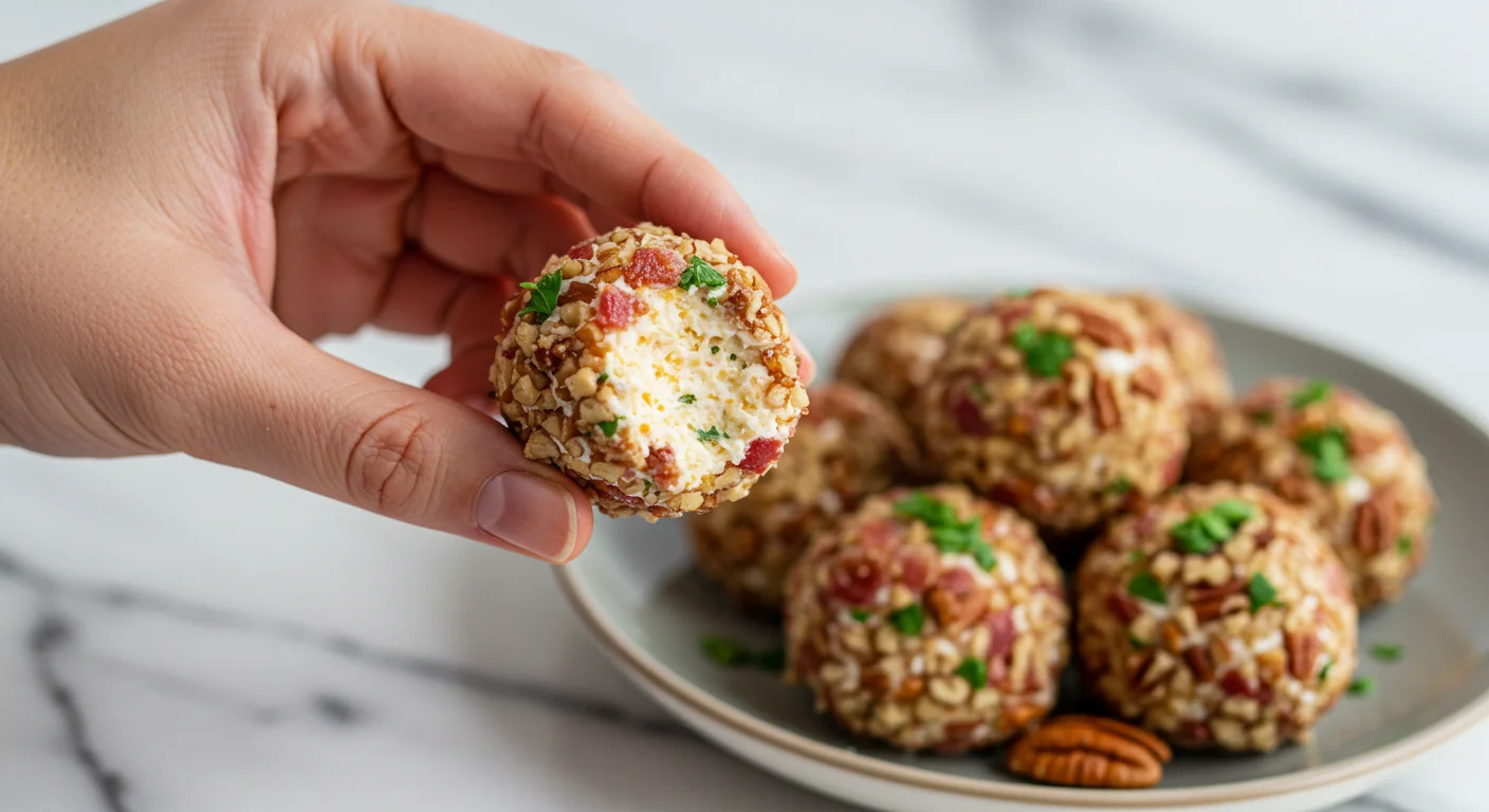 keto Cheese Balls Hand holding a keto cheese ball coated with bacon, parsley, and pecans, with more cheese balls on a marble countertop.