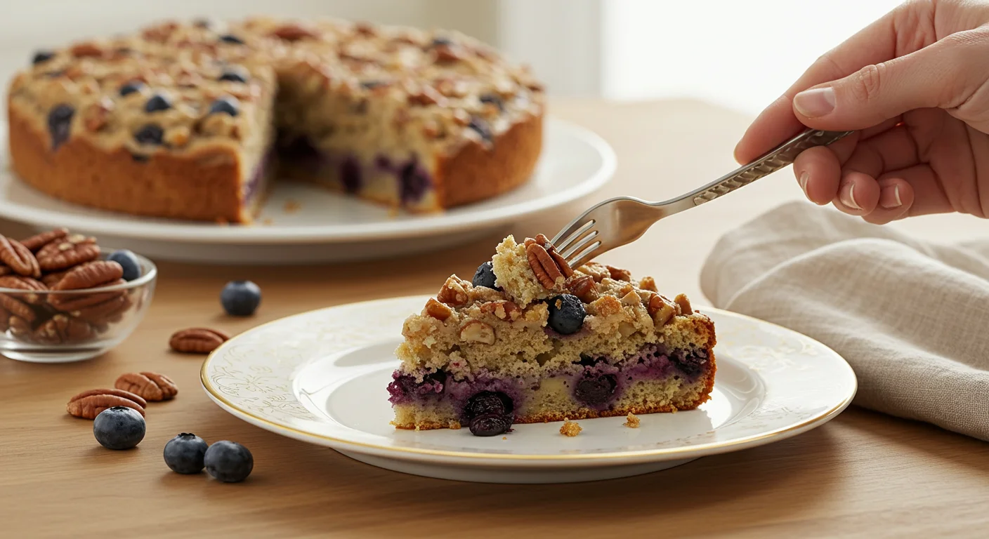 WW Blueberry Banana Breakfast A slice of WW Blueberry, Pecan, and Banana Breakfast on a white plate, with a hand holding a fork ready to take a bite, on a wooden table.