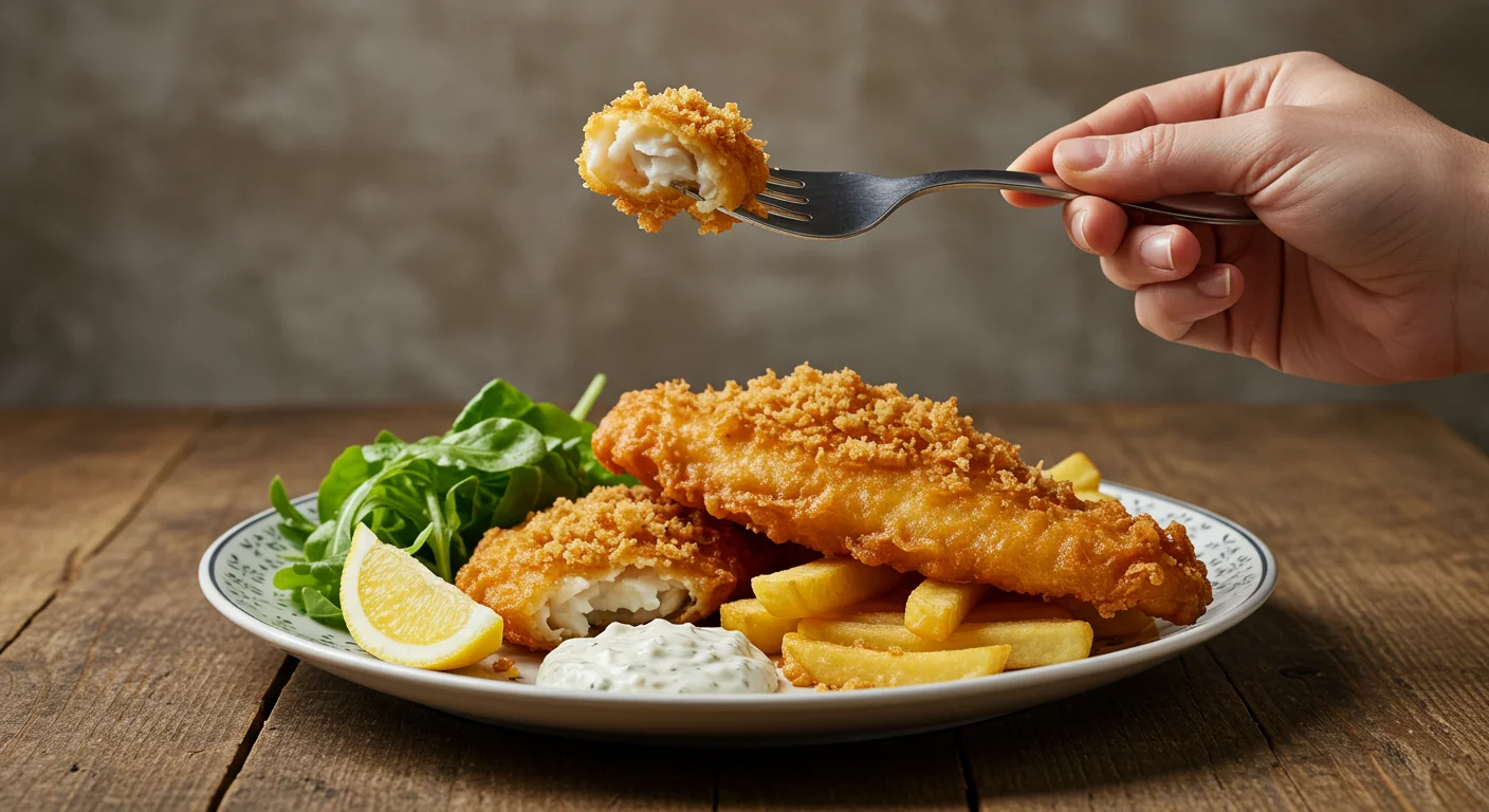 Keto Fish and Chips A fork holding a crispy fish piece above a plated Keto Fish and Chips dish with fries, salad, and lemon, on a rustic wooden table in professional lighting.