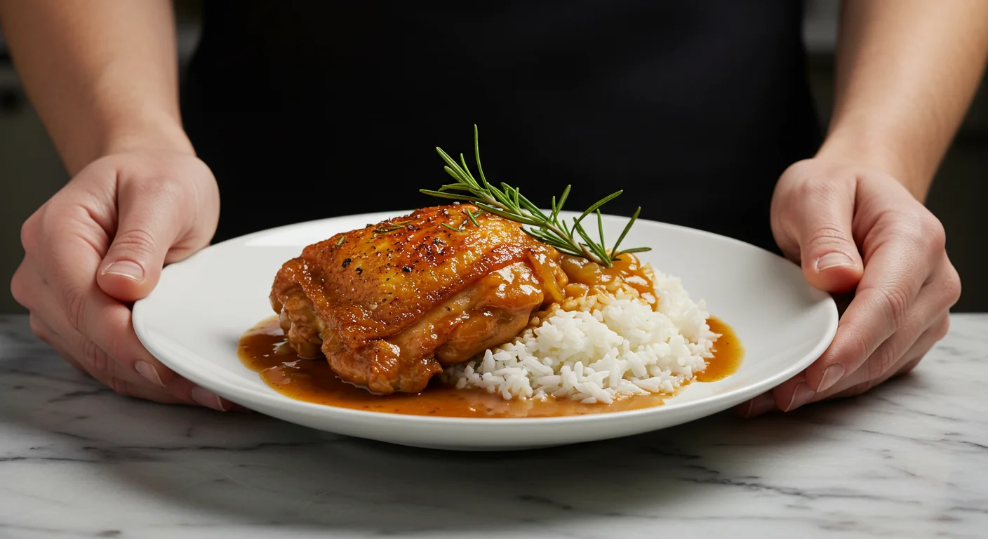 keto Fiery Sweet Chicken Thighs Hand holding a plate with keto chicken thigh on cauliflower rice, garnished with rosemary against a blurred background.