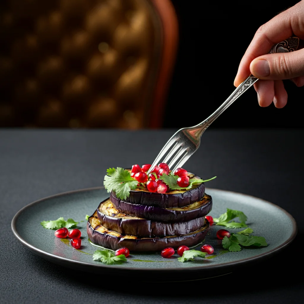 WW Middle Eastern Eggplant Elegant Middle Eastern eggplant dish on a black plate with pomegranate seeds and coriander, a hand holding a silver fork, and a blurred refined background.