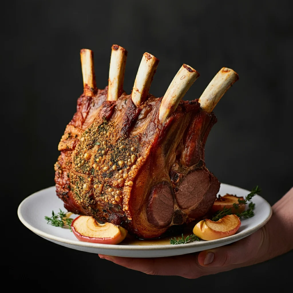 Keto Smoked Pork Crown Roast Hand holding a smoked pork crown roast above a white plate with roasted apples and thyme garnish, in a clean setting.