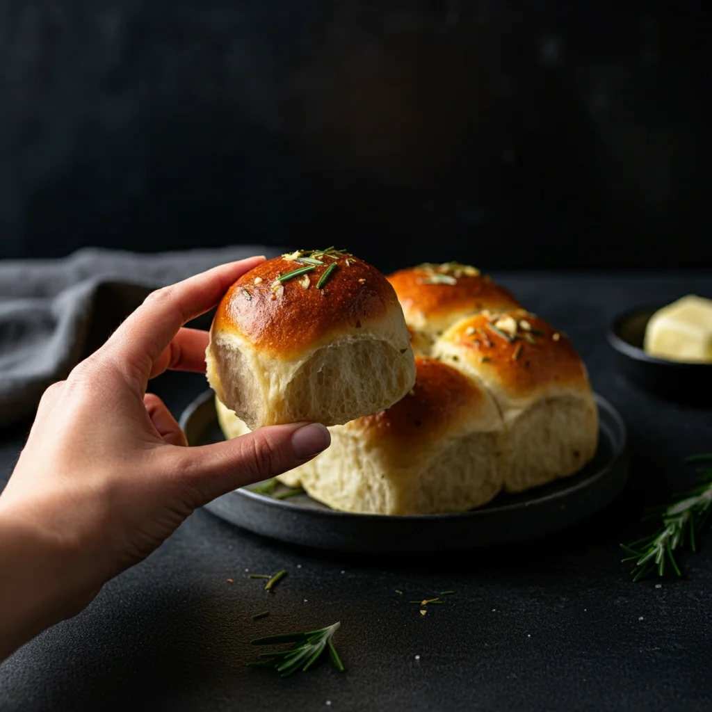 Keto Garlic and Rosemary Dinner Rolls Hand holding a golden keto garlic and rosemary dinner roll, with more rolls arranged on a black ceramic plate on a textured dark surface.