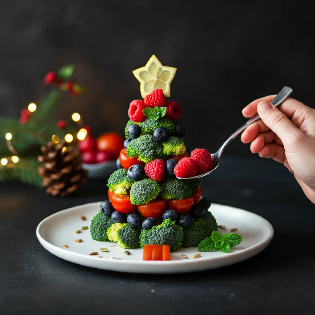 Keto Fruit Christmas Tree Classy white plate with Keto Fruit Christmas Tree, a hand holding a spoon scooping berries, and a festive background with holiday props and warm lighting.