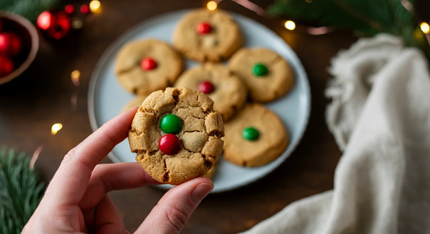 Keto Christmas Cookies Hand holding a Keto Christmas Cookie with red and green candy buttons, with more cookies on a classy plate in the background.