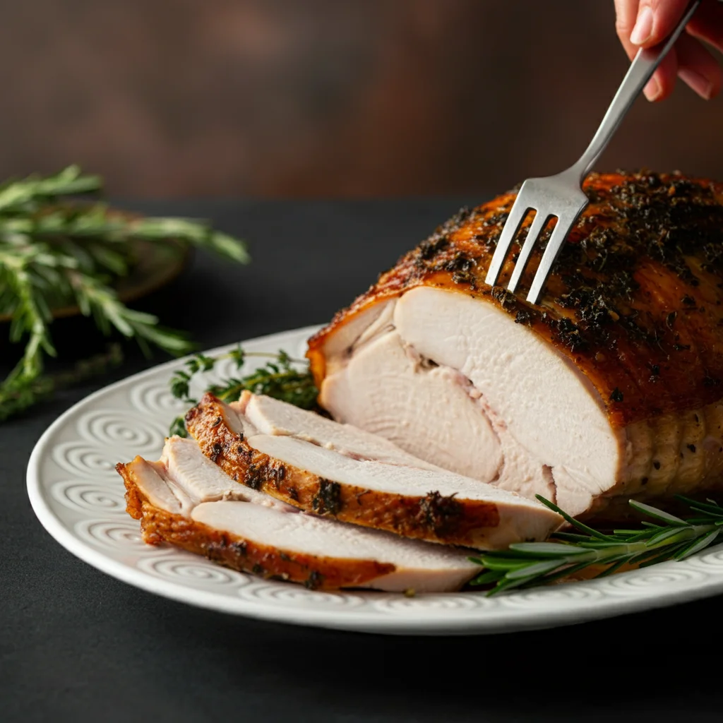 Herb Roasted Turkey Breast Hand holding a fork over a plated Herb Roasted Turkey Breast garnished with fresh herbs on a festive table.