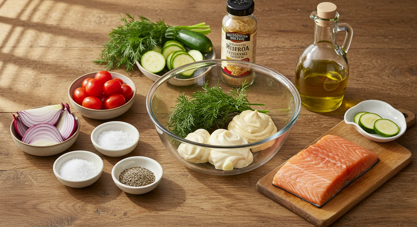 High-Protein Grilled Salmon & Veggies Glass bowl with mustard-dill salmon ingredients, surrounded by small dishes of veggies, olive oil, and spices on a rustic table.