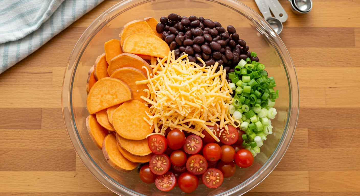 WW Vegetarian Sweet Potato Nachos Glass bowl with sliced sweet potatoes, cheese, black beans, tomatoes, and scallions on a wooden countertop, lit by natural light.