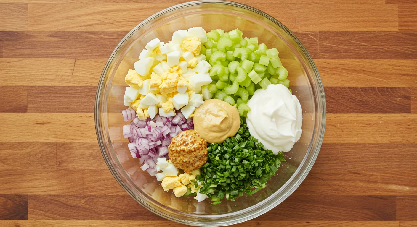 Zero Point WW Egg Salad Ingredients for Zero Point Egg Salad in a glass bowl, including eggs, celery, onion, parsley, yogurt, and mustard on a wooden countertop.