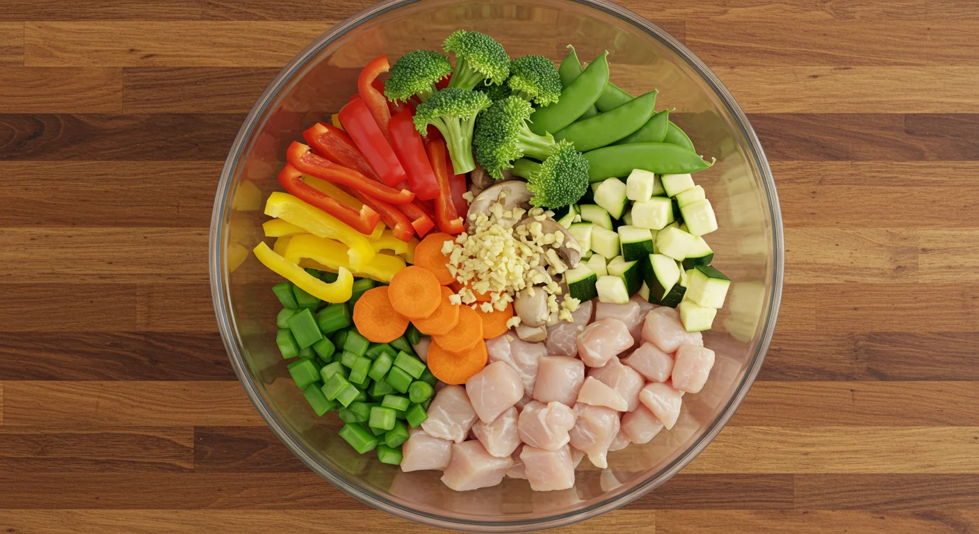 Zero Point WW Chicken Stir-Fry Fresh stir-fry ingredients in a glass bowl: bell peppers, broccoli, carrots, mushrooms, zucchini, snow peas, chicken, garlic, and ginger on a rustic countertop.