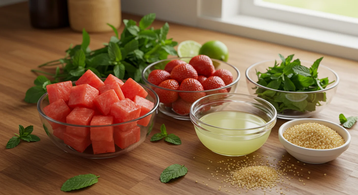 WW Zero Point Watermelon-Strawberry Popsicles Fresh watermelon cubes, strawberries, mint leaves, lime juice, and sugar in small glass bowls on a wooden countertop, with natural light and scattered mint leaves.