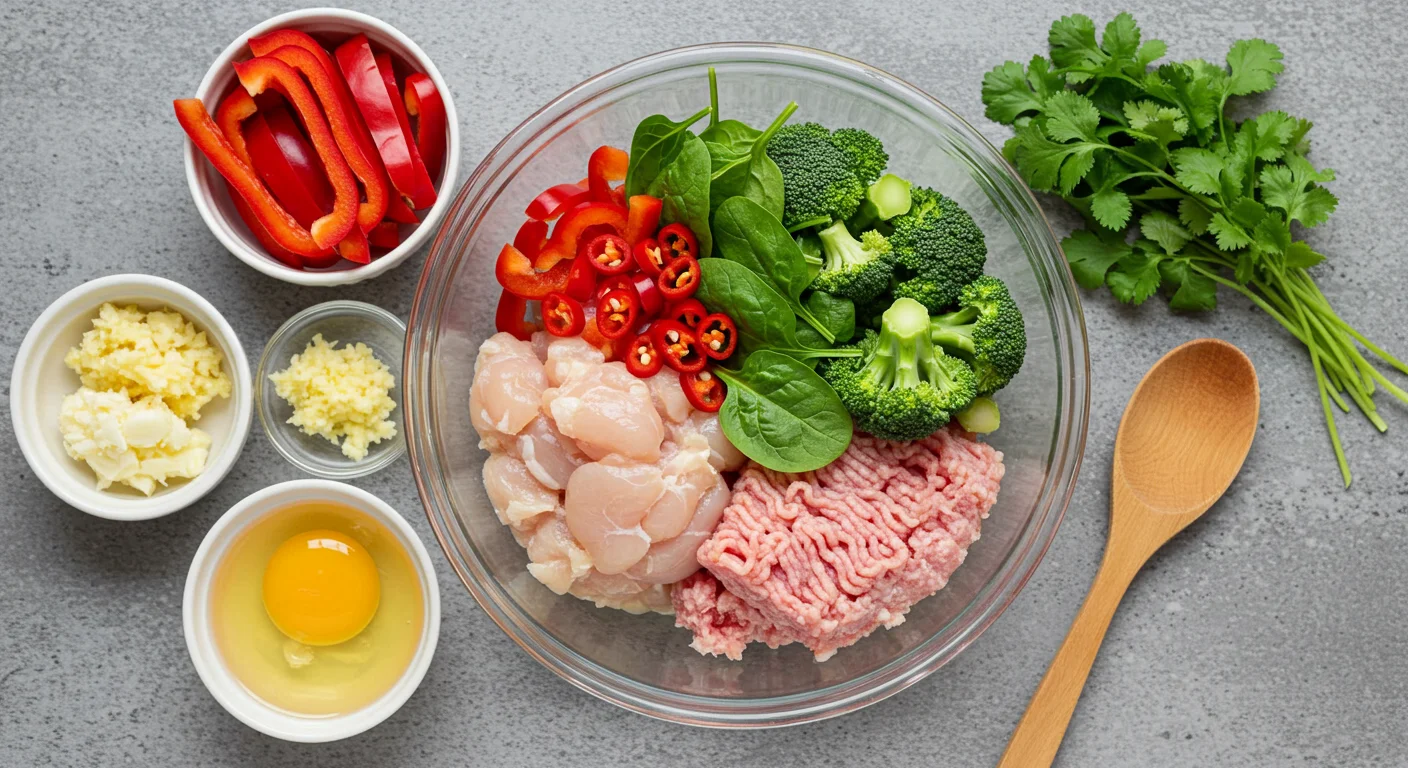 WW Zero Point Asian Chicken Stir-Fry Ingredients for WW zero point Asian chicken stir-fry with chili eggs, including chicken mince, capsicum, broccolini, spinach, chili, garlic, and ginger, arranged in a glass bowl or small bowls on a gray countertop.